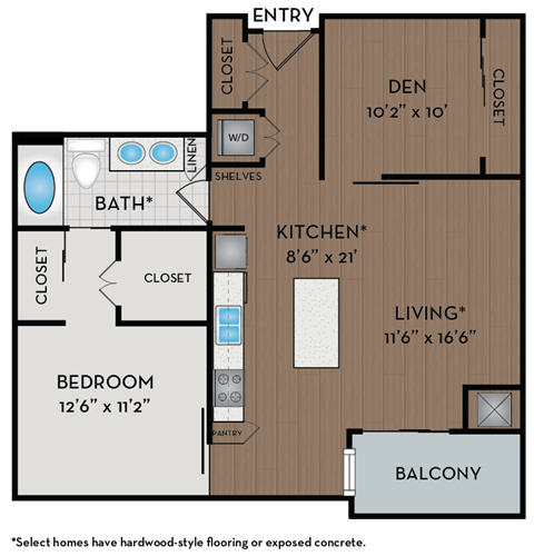 Floor plan for 1 bed, 1 bath, 975 sqft